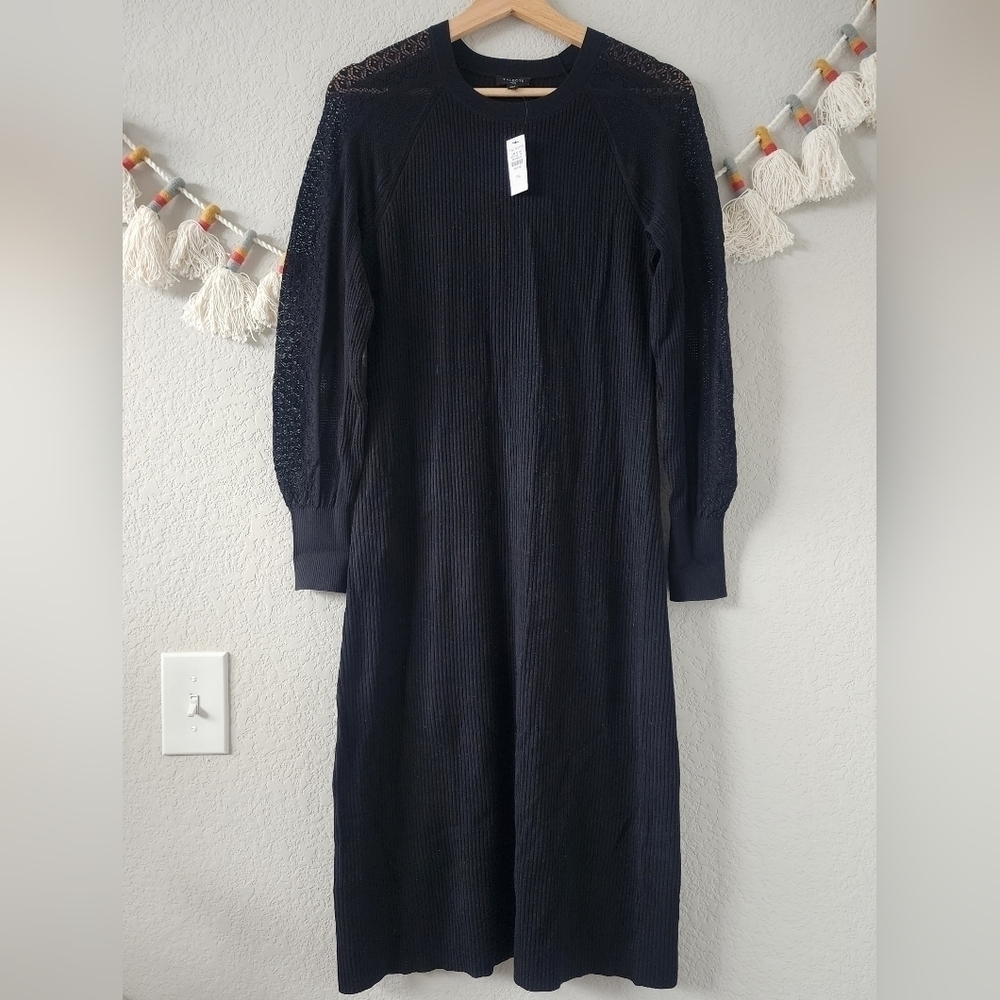 Talbots Pointelle Sleeve Ribbed Knit Black Midi Sweater Dress Minimalist NWT LP